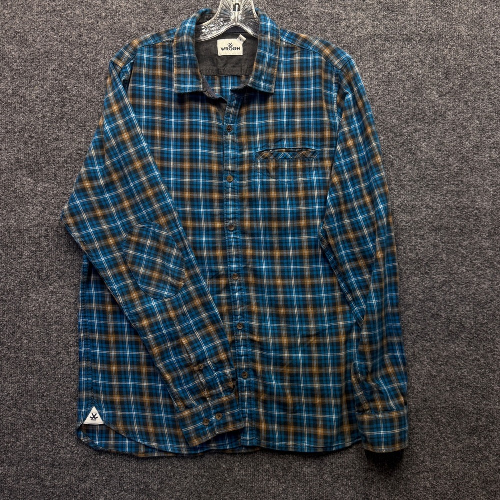 WROGN Plaid Button Down Mens L Blue Slim Fit Elbow Patch Casual Rugged Preppy